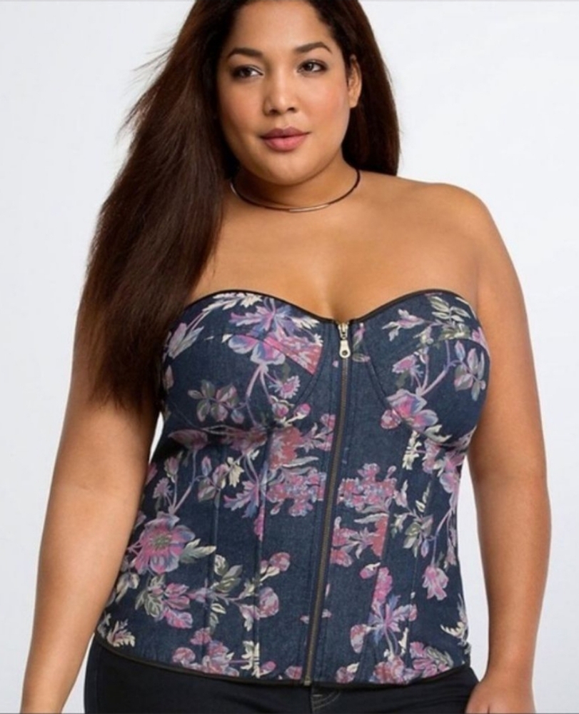 Torrid Sexy Denim & Pink Flowers Corset  Sz 1